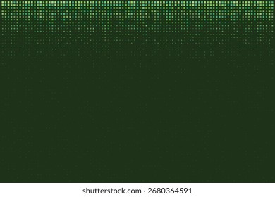 Fundo digital abstrato com um gradiente de quadrados verdes e pixels desaparecendo em um padrão tecnológico escuro, criando um efeito de fluxo de dados moderno.