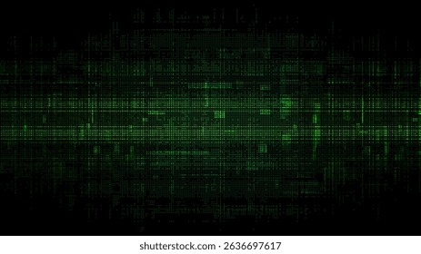 Abstract digital background with a green glitch pixel texture. black backdrop. binary code. data transfer concept. vector illustration. and technology concept. tech or cyber design.