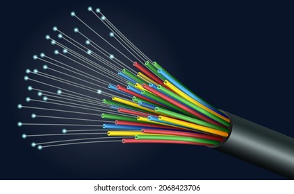 Abstract digital background. Optical digital communication cable. Vector illustration of a realistic optical cable with a stream of digital information on a dark background. A sketch for creativity.