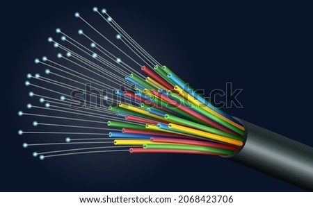 Abstract digital background. Optical digital communication cable. Vector illustration of a realistic optical cable with a stream of digital information on a dark background. A sketch for creativity. 商業照片 © 