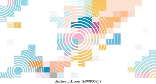 Un fondo digital abstracto con píxeles de colores pastel y círculos concéntricos blancos que crean un efecto dominó. Este diseño geométrico moderno tiene un toque limpio y tecnológico.