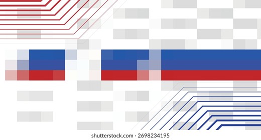 An abstract digital background with pixelated elements in red and blue, resembling the Russian flag, set against a white and gray geometric pattern with linear designs.