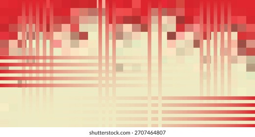 An abstract digital background with a pixelated mosaic pattern in shades of red and cream at the top, transitioning to a grid of thin lines over a light-colored gradient.