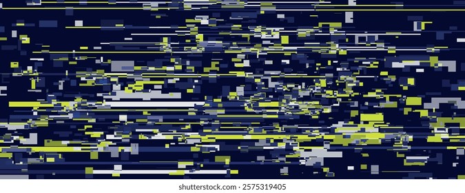 Abstract digital background with a pixelated style. The background is dark blue with yellow and gray accents. Blue background. Abstract pixelate glitch digital background vector