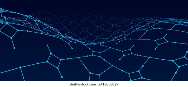 Abstract digital background of points and lines. Big data. Perspective grid. Network or connection. Abstract technology science background. 3d vector illustration.