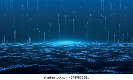 Abstractas fondo digital. Las partículas brillantes en forma de números se elevan suavemente verticalmente a la parte superior. Visualización de macrodatos. Información de flujo de datos. Fondo ciberespacial abstracto futurista. 3D 