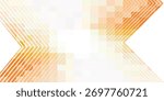 An abstract digital background with symmetrical orange and yellow geometric shapes. Thin white chevron lines point inwards over a pixelated mosaic pattern, creating a modern design.