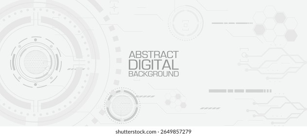 Fundo digital abstrato com círculos técnicos e elementos hexágono em um tema cinza claro