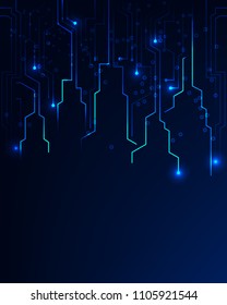 Abstract digital background with technology of a printed circuit board in the form of a city. Engineering concept. Vector illustration