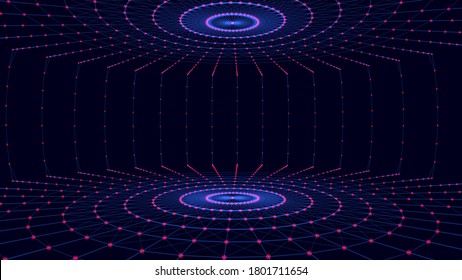 Resumen del fondo digital de dos círculos con puntos rojos de conexión y líneas azules. Concepto de conexión de red y big data. Composición céntrica.