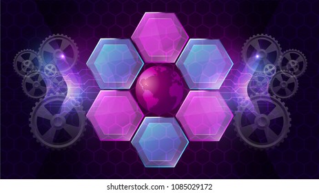 Abstract digital background world/ gear and color glass hexagon Illustration vector