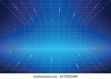 Abstract digital banner with glowing cyber grid. Futuristic perspective of cyberspace and metaverse. Wireframe net background. Game design. Neon 3D vector illustration in retro futurism style