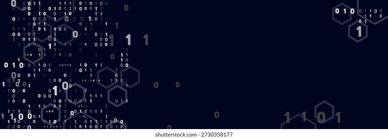 Anuncio digital Abstractas con un flujo de números de código binario 0 y 1. Los hexágonos que se desvanecen sobre un fondo azul oscuro crean un concepto de tecnología futurista.