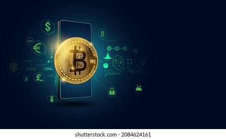 Abstract Digital bitcoin Finance in the Online World By Mobile Internet, Transactions in Online Systems On the background is a digital map, internet, stock trading. Connected all over the world