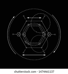 Abstract digital black and white with hexagonal, circles, dotted lines arrows and various lines isolated on black backdrop vector illustration scientific futuristic interface.