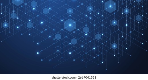 Abstract digital blockchain cube blocks concept. 3D big data cubes quantum computer technology idea. Artificial intelligence data core cubes design element.