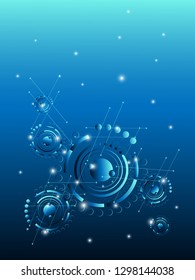 Abstract digital blue ane green neon light. The concept abstract geometric elements with circles, lines, ring,  and dots light on blue technology background. vector illustration.
