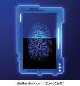 Resumen de marco azul digital con línea de identificación de huellas digitales. Marco luminoso futurista con elementos transparentes