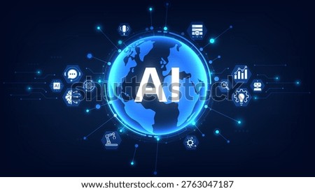 Abstract digital blue globe network with AI text in the center and a technology icon. Concept of artificial intelligence. Machine learning and advanced global technology systems. Vector illustration.
