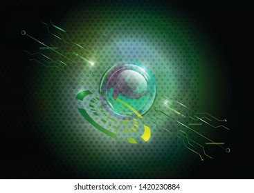Abstract digital blue and green screen square grid lines, dot, ring, plate, square and arrow. Scientific futuristic scientific interface. Circuit board green hexagon background of Vector illustration.