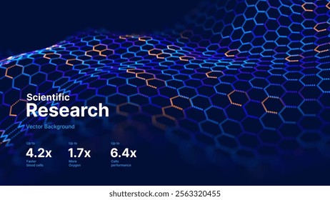 Abstract Digital Blue Hexagons Pattern Business or Science Research Background.  Graphene Technology Science 3D Background. Nanotechnology Honeycomb Lattice Nanostructure. Vector Illustration.