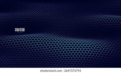 Abstract Digital Blue Hexagons Pattern Business or Science Research Background. Graphene Technology Science 3D Background. Nanotechnology Honeycomb Lattice Nanostructure. Vector Illustration.