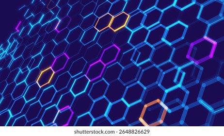 Abstract Digital Blue Hexagons Pattern Business or Science Research Background. Graphene Technology Science 3D Background. Nanotechnology Honeycomb Lattice Nanostructure. Vector Illustration.