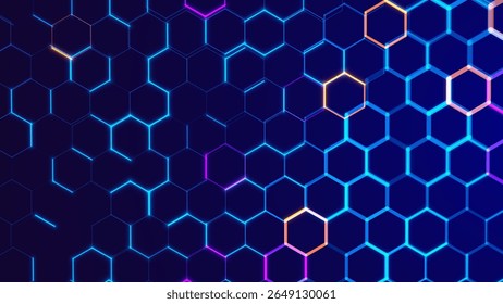 Abstract Digital Blue Hexagons Pattern Business or Science Research Background. Graphene Technology Science 3D Background. Nanotechnology Honeycomb Lattice Nanostructure. Vector Illustration.