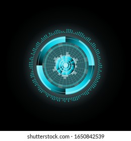 Abstract digital blue radar screen. with shapes, lines, dots, circles, swirling, motion and sonar neon light. Isolated dark blue background for your design illustration