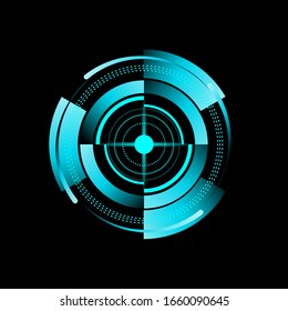 Abstract digital blue radar screen. with shapes, lines, dots, circles, swirling, motion and sonar neon light. Isolated black background for your design illustration