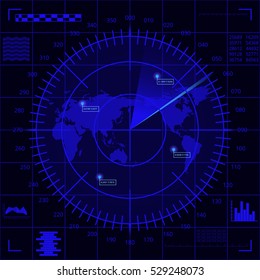 Abstract digital blue radar screen with world map, targets and futuristic user interface on black background.