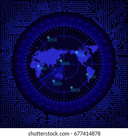 Abstract digital blue radar screen with world map, targets and circuit board elements on dark background