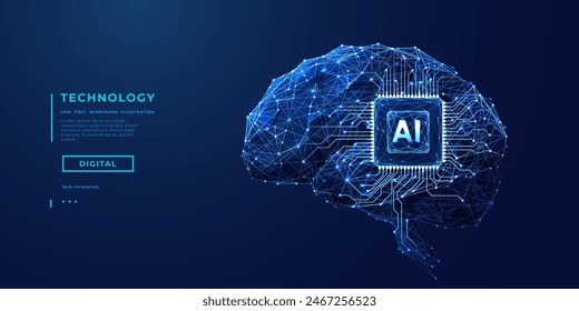 Abstract digital brain with AI chip and circuit in blue. Technology innovation background. Futuristic tech bg. AI microchip or semiconductor with neon glowing effect. Vector illustration of processor.