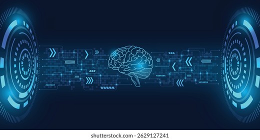Abstract digital brain with tech interface and data arrows, symbolizing AI and neural networks.