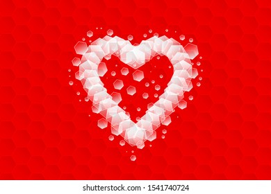 Abstract digital bright Heart with red hexagon background. Beautiful Seamless vector pixel love heart pattern. Creative and stylish design for banner, background, wallpaper, card and social media