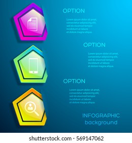 Abstract digital business infographic design concept with icons three options and glossy colorful hexagons isolated vector illustration