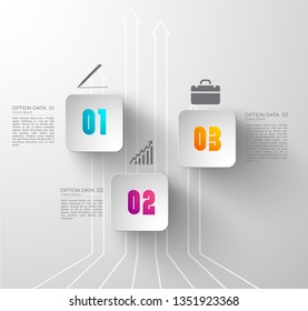 Abstract digital business infographics with light three squares icons and white arrows on gray background vector illustration