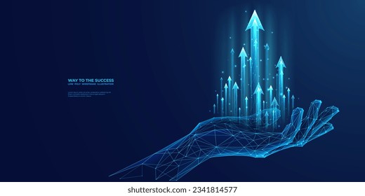 Abstract digital businessman hand holding rising arrows in futuristic style. Successful business and growth strategy concept. Low poly wireframe vector illustration on technological blue background.
