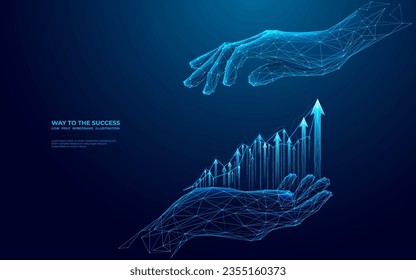 Abstract digital businessman hands-holding growth chart in futuristic style. Business partnership and teamwork concept. Low poly wireframe vector illustration on technology blue background. 