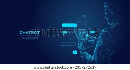 Abstract digital businessman with tablet uses chatbot app. Concept of Artificial Intelligence and technology innovation in the modern business world. Futuristic low poly wireframe vector illustration