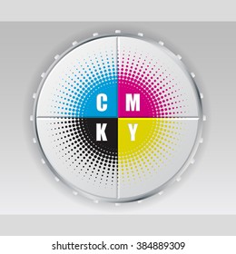 Abstract digital button design with cmyk halftone
