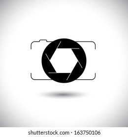 abstract digital camera & shutter icon outline front view. This vector graphic is simple vector representation of trendy photographic tool for taking photos & videos