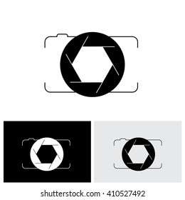 abstract digital camera & shutter logo icon outline front view. This vector graphic is simple vector representation of trendy photographic tool for taking photos & videos