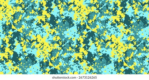 Abstractas patrón de camuflaje digital en verde azulado, amarillo y verde azulado oscuro.  Perfecto para fondos, textiles o diseños de moda.