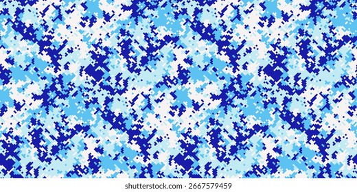 Padrão de camuflagem digital abstrato em tons de azul e branco frios.  Perfeito para a moda, design têxtil, ou fundos de tecnologia.
