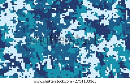 Abstract digital camouflage pattern in cool blues and whites.  Perfect for backgrounds, textiles, or tech designs.  Seamless repeat tileable texture evokes a sense of mystery and concealment.
