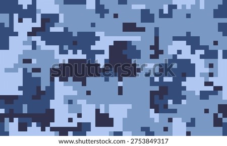 Abstract digital camouflage pattern in cool blues.  Perfect for tech backgrounds, website designs, or representing concepts of concealment, strategy, or modern technology.