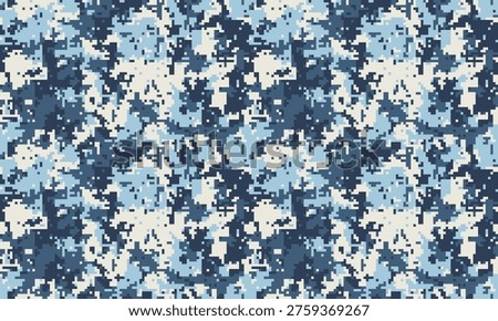 Abstract digital camouflage pattern in cool blue tones.  Perfect for backgrounds, textiles, or militarythemed designs.  Modern, pixelated style evokes a sense of concealment and mystery.