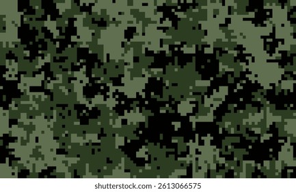 Abstract digital camouflage pattern in dark green and black.  Ideal for backgrounds, textiles, or militarythemed designs.  Offers a modern, pixelated texture for various applications.