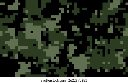 Abstract digital camouflage pattern.  Dark green and black pixelated texture ideal for backgrounds, website design, or militarythemed projects.